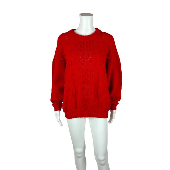 Vintage 80s Oversize Sweater Red Tulips Pom Pom's Acrylic Pullover - Picture 2 of 8